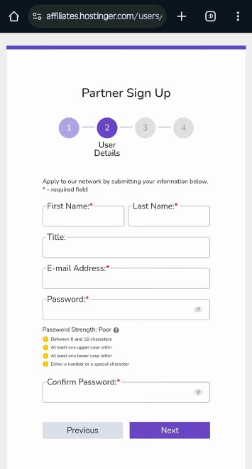 Hostinger Sign Up Form with user details